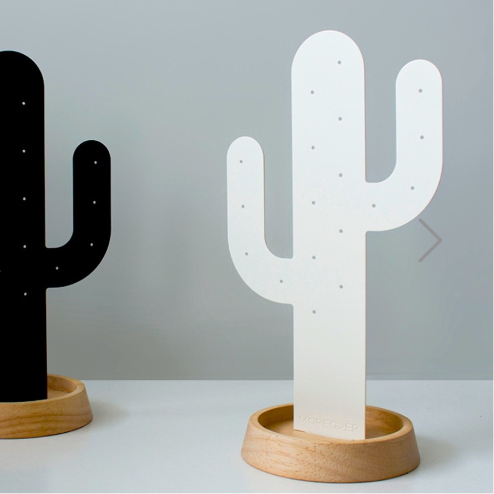White cactus jewelry tree with wooden base